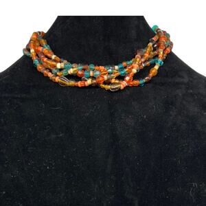 Boho Multi-Strand Beaded Necklace Turquoise & Amber Tones
